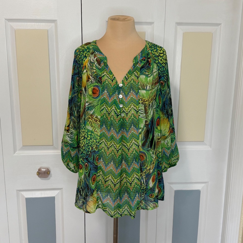 Figueroa & Flower Anthropologie Peacock Chevron Blouse Green Blue 3/4 Sleeve S
